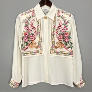 Vintage Cottagecore Floral Bibbed Blouse Women’s Size 4 Button Front Long Sleeve